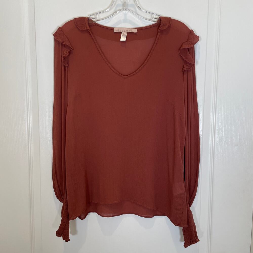 Anthropologie Hutch Gauzy Blouse Brown Ruffle Details Bishop Sleeves Romantic S
